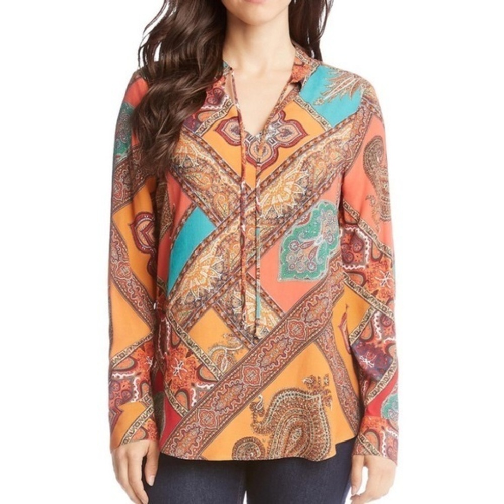 Karen Kane Paisley Print Split Neck Ling Sleeved Blouse